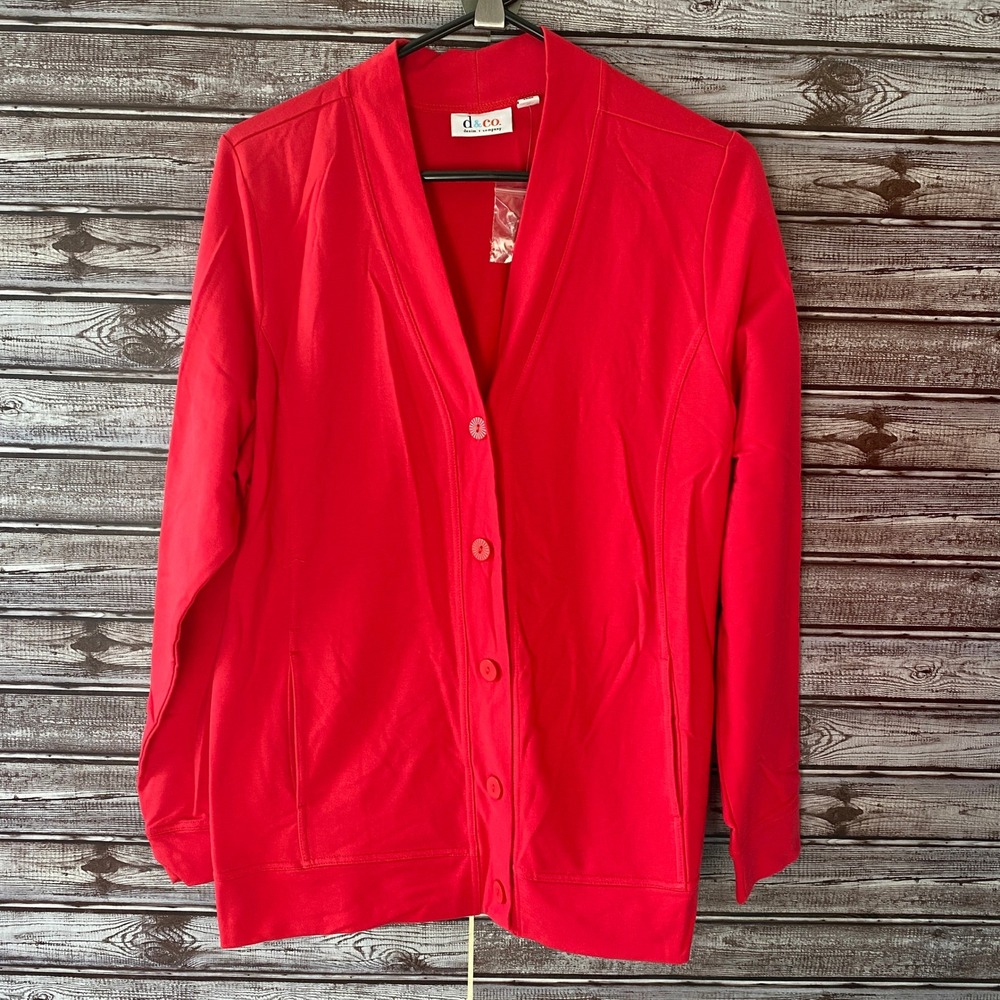 D&Co Women's Long-Sleeved Button-Down Top Cardigan Size L Red Pockets V-Neck NWT